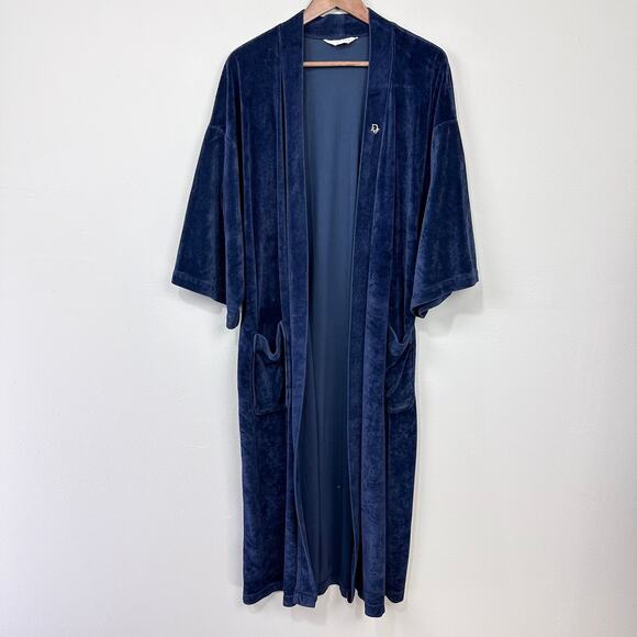 Vintage 80s 90s Christian Dior Velour Velvet Robe One Size Navy Loungewear FLAWS - Picture 1 of 13